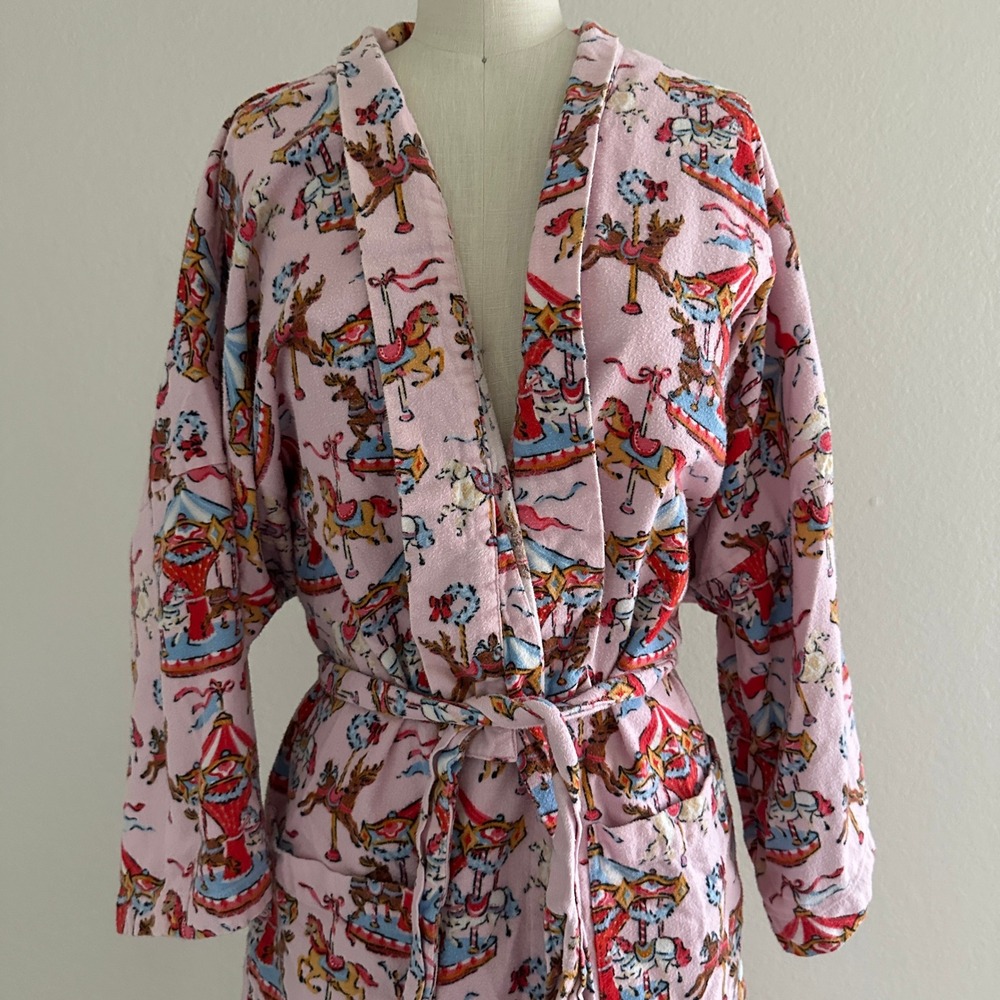 Printfresh Robe Women L/XL Pink Carousel Horse Flannel Whimsical Loungewear